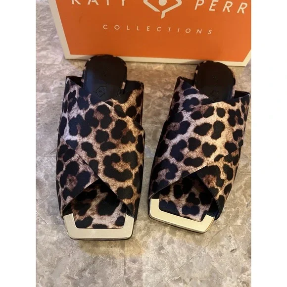 Checked In Slide Sandal Shoe Sz 6 Leopard Print Satin Gold NEW Women Katy Perry - Picture 1 of 7